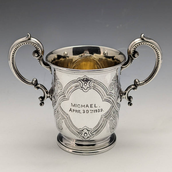 1862年 英国アンティーク 純銀製 ダブルハンドル マグカップ 169g Barnard